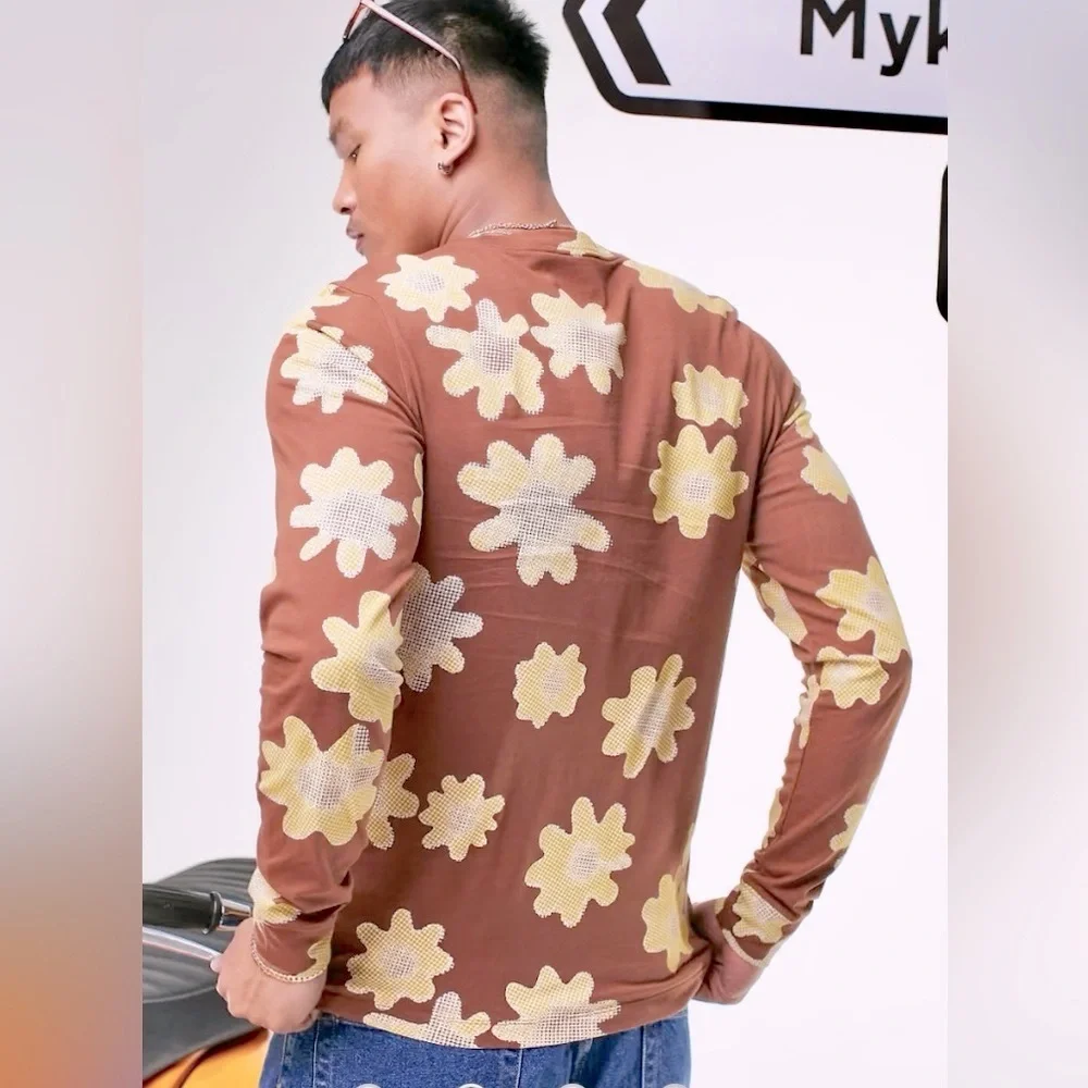 Nike RARE Statement Floral Print Men’s LS T-Shirt M Brown Whimsical Casual